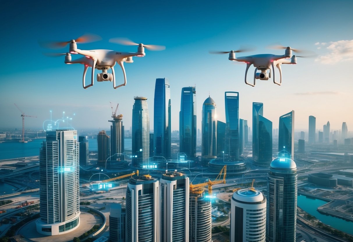 A futuristic cityscape with AI-powered drones managing construction sites and digital interfaces streamlining project scheduling and commercial management