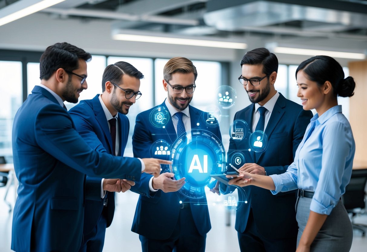 A group of diverse professionals collaborate around a digital interface, using AI to enhance project controls and commercial management