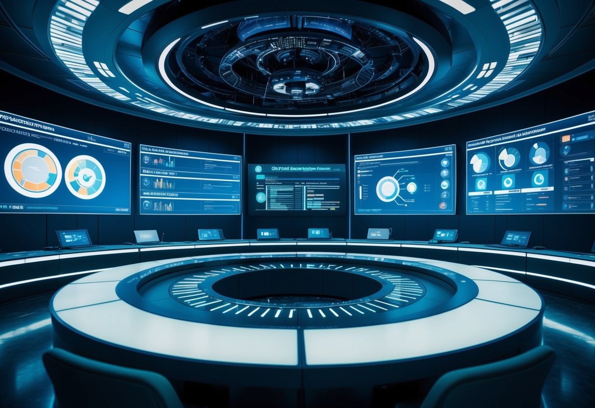 A futuristic control room with AI algorithms analyzing data streams, while digital interfaces display project progress and risk assessments