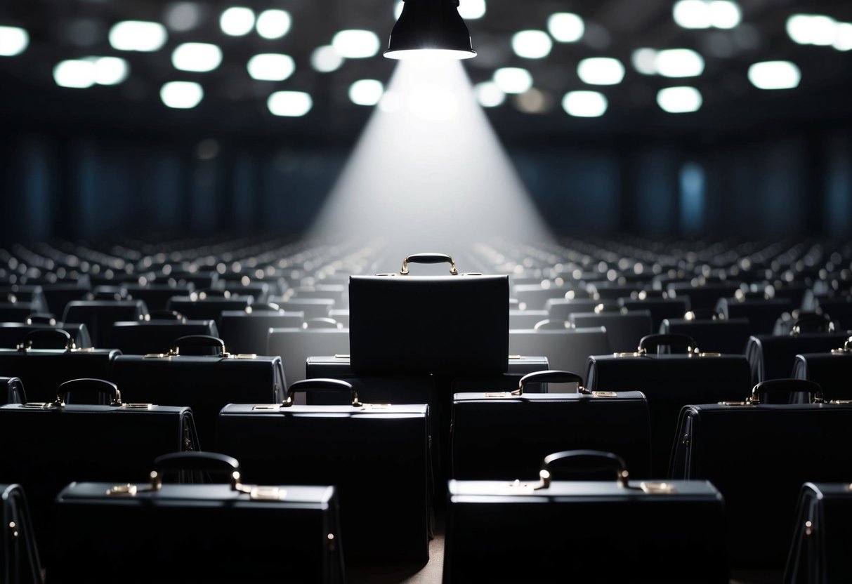 A spotlight shining on a lone briefcase among a sea of identical ones