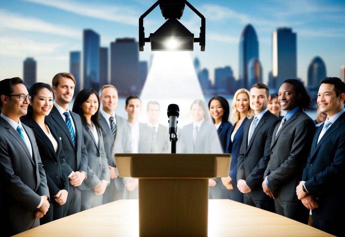 A spotlight shining on a podium with a microphone, surrounded by a crowd of diverse individuals in business attire. A city skyline visible in the background