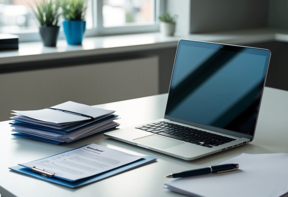 A desk with a laptop, pen, and paper. A stack of resumes and a job listing sit nearby. The room is well-lit and organised