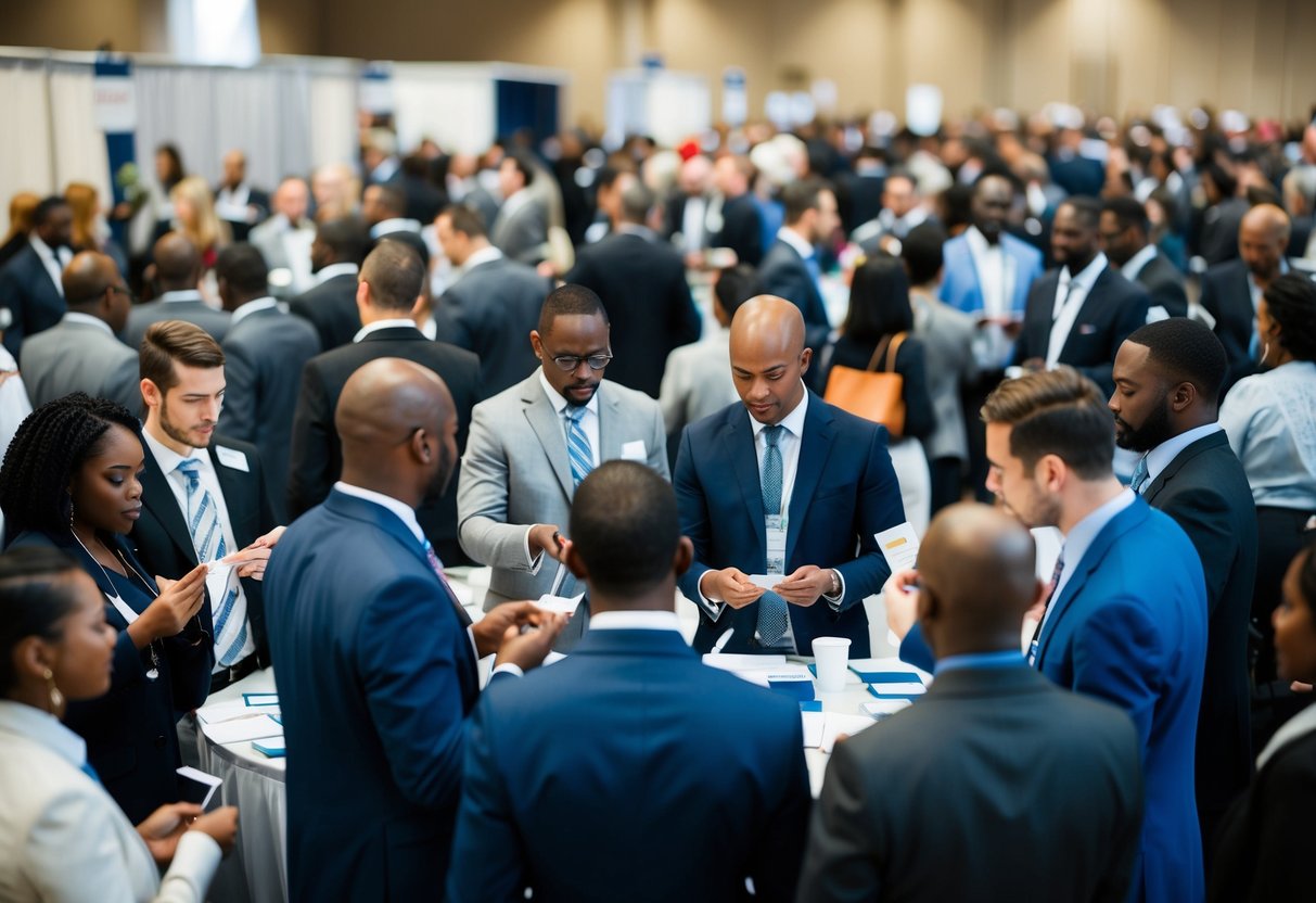 A crowded job fair with diverse professionals networking and exchanging business cards