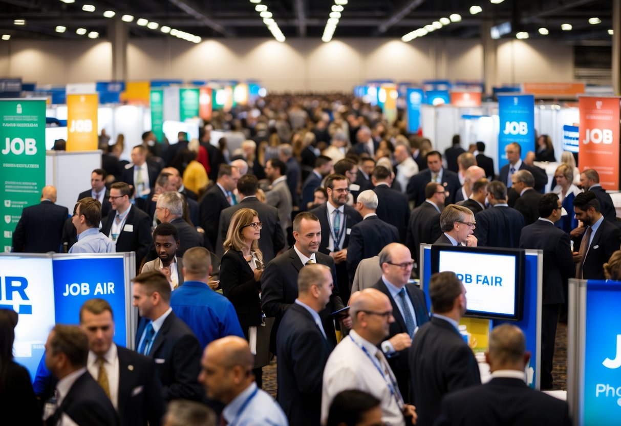 A crowded job fair with multiple booths and people engaged in conversation. Bright lights and colorful banners create a competitive atmosphere