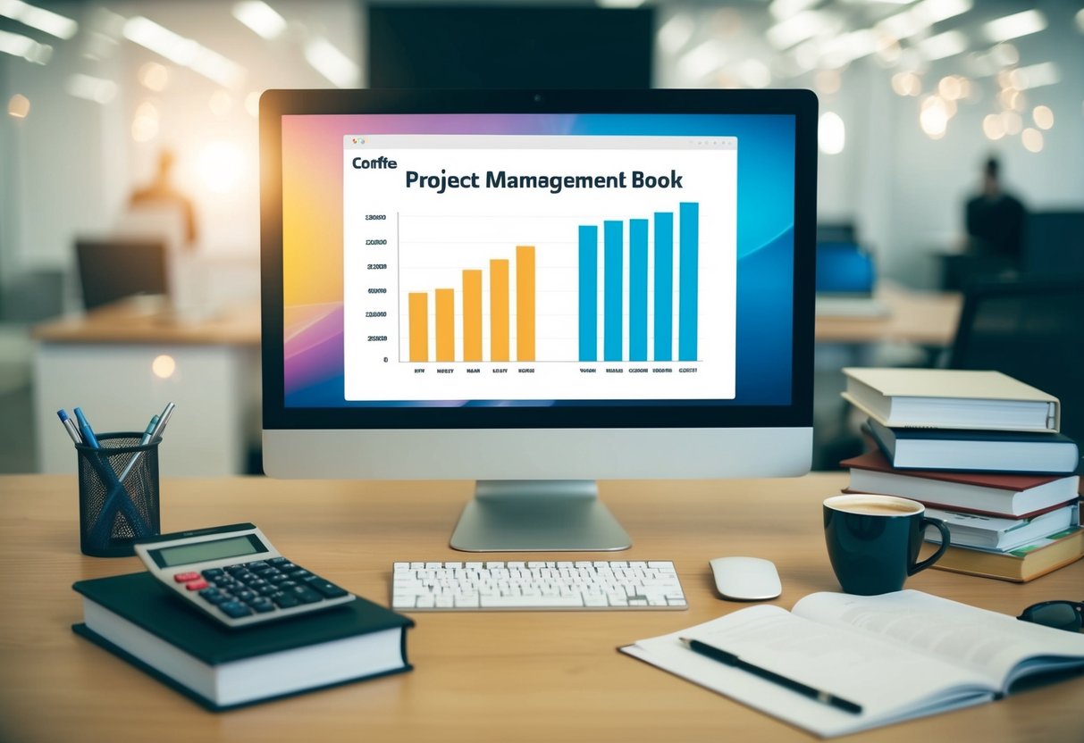 A desk with a computer, calculator, and Gantt chart on the screen, surrounded by project management books and a cup of coffee