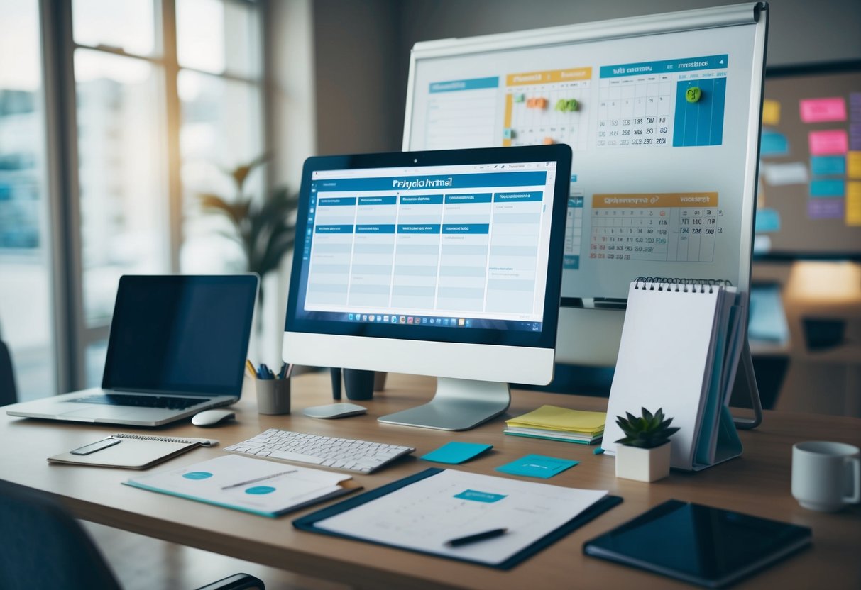 A desk with a computer, calendar, and various project planning tools spread out. A whiteboard with a detailed project schedule and Gantt chart in the background