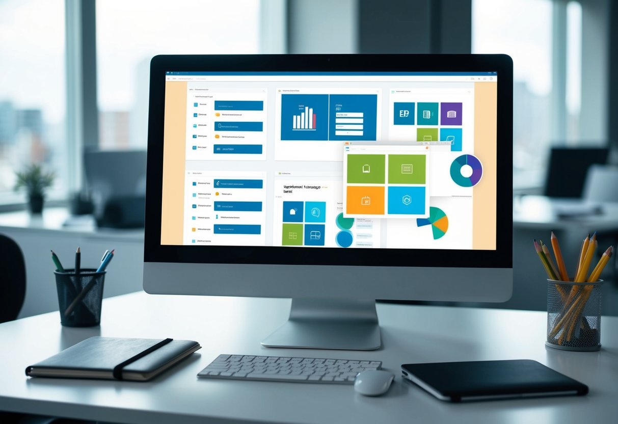 A modern office desk with a computer, notebook, and various project management software tools open on the screen