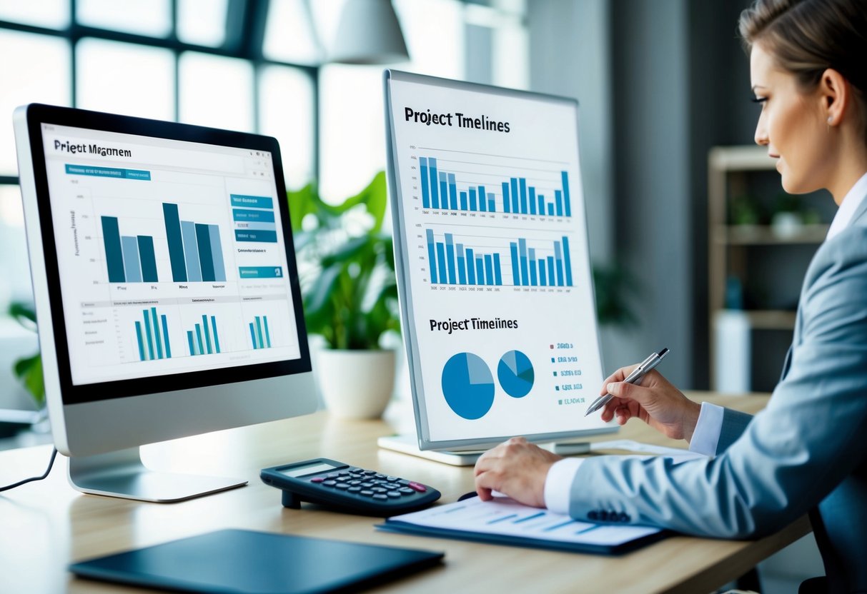 A desk with a computer, calculator, and project management software. A chart showing project timelines and budgets. A person in business attire reviewing documents