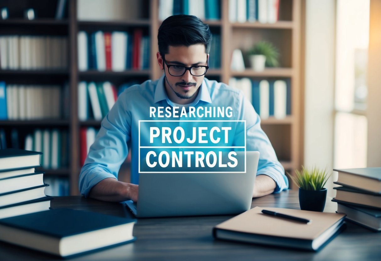 A person researching project controls online, surrounded by books and a laptop