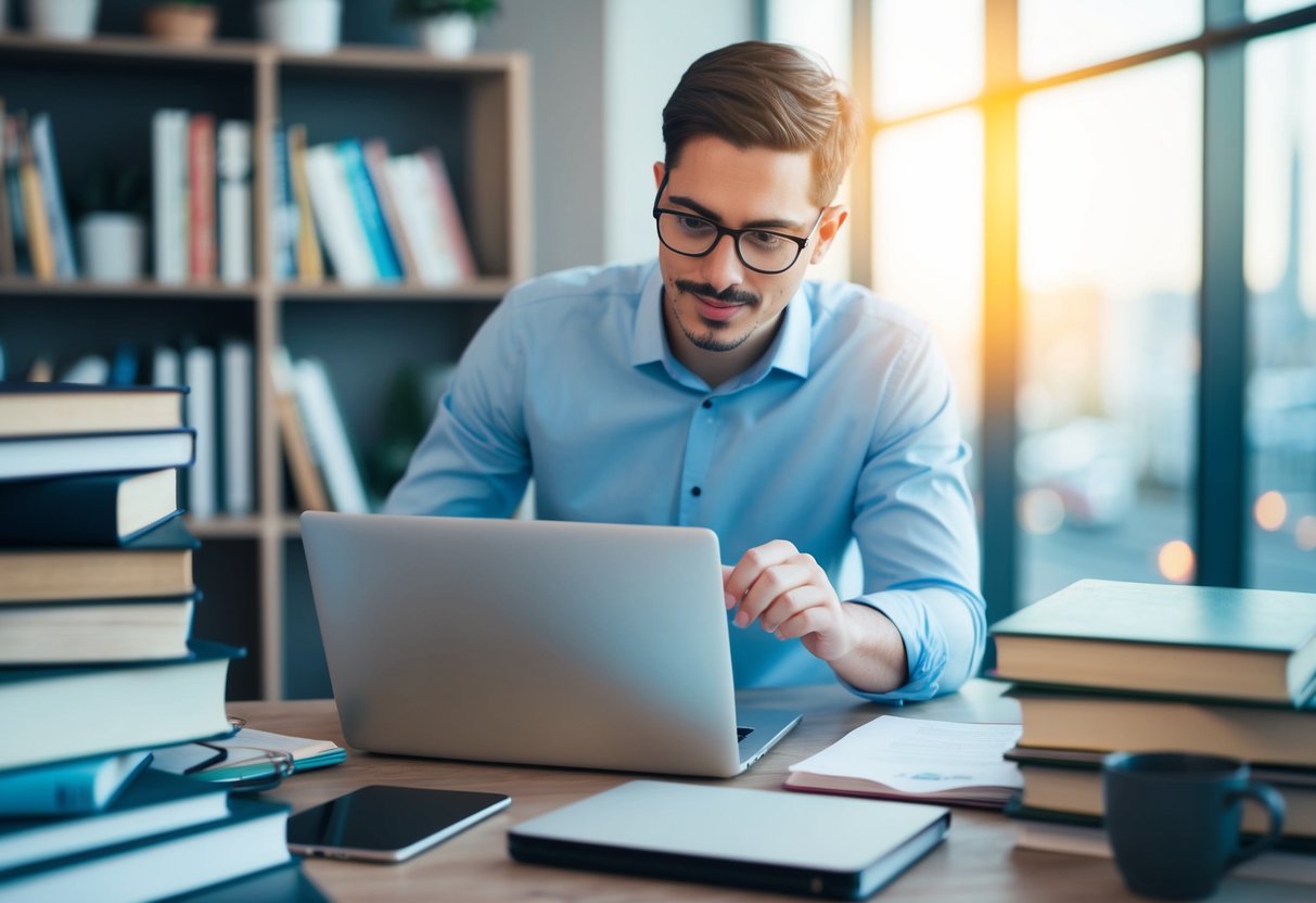 A person researching project controls, surrounded by books, a laptop, and professional development materials