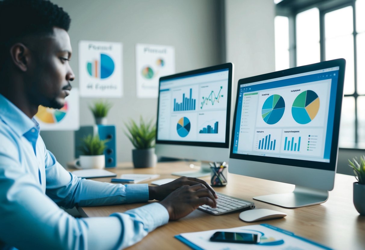 A person working on a computer, surrounded by charts, graphs, and project management tools