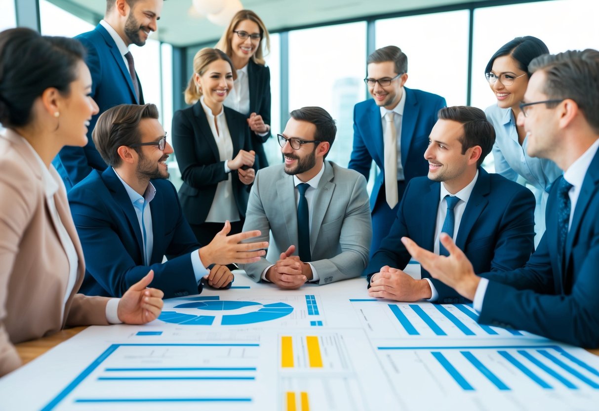 A group of professionals engage in a lively discussion at a networking event, surrounded by architectural blueprints and project timelines