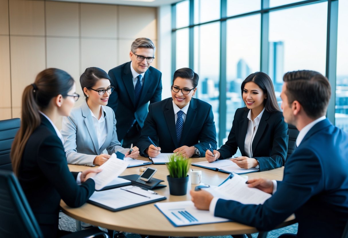 A bustling office with a team of specialists reviewing resumes and conducting interviews for project controls positions