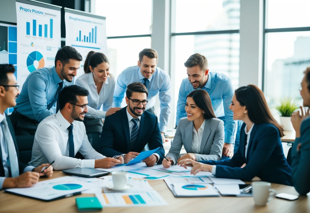 A bustling office with a diverse team of professionals collaborating on project management tasks, surrounded by charts, graphs, and job postings