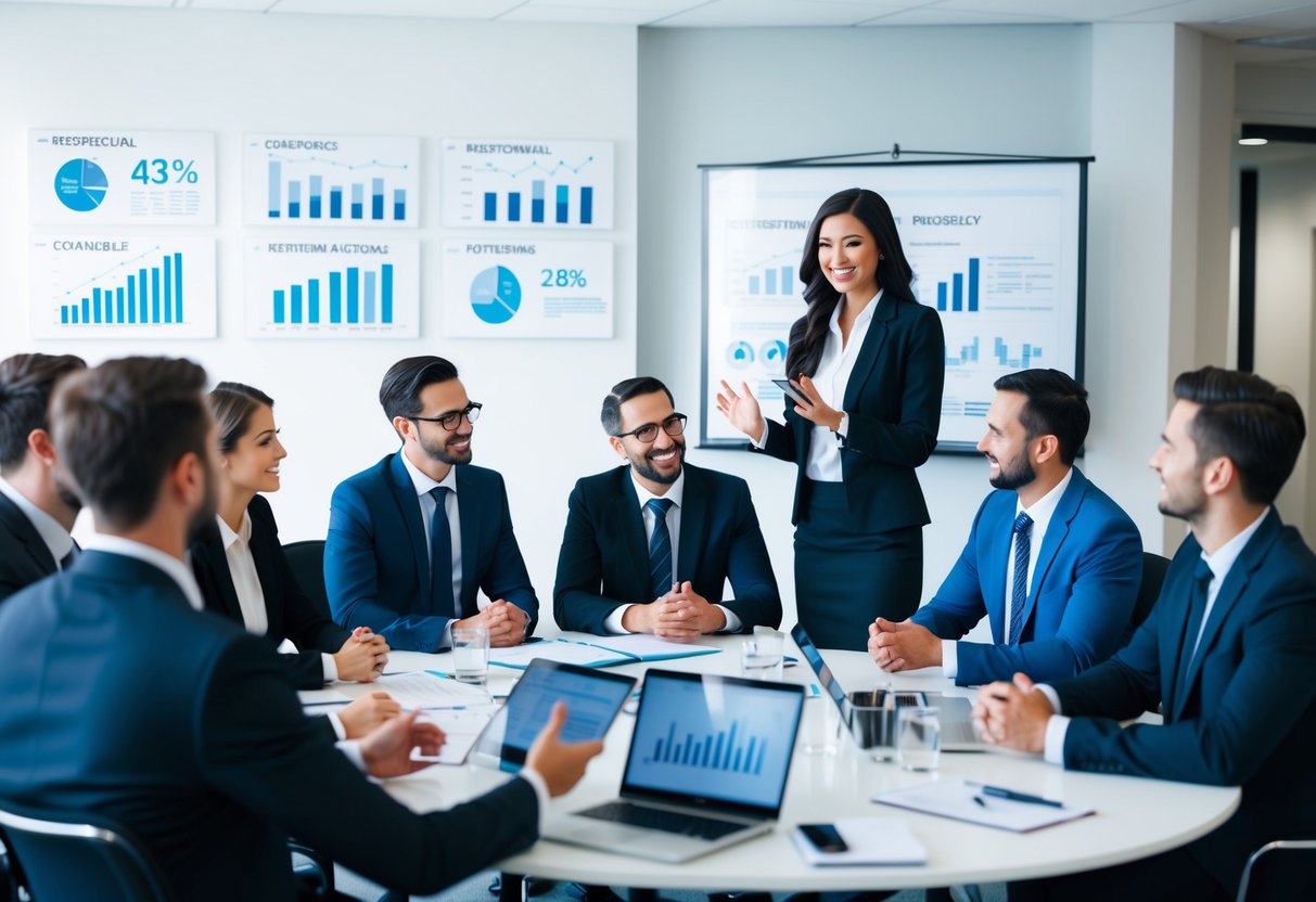 A group of professionals collaborating in an office setting, with charts and graphs displayed on the walls, and a recruitment agency representative presenting to them