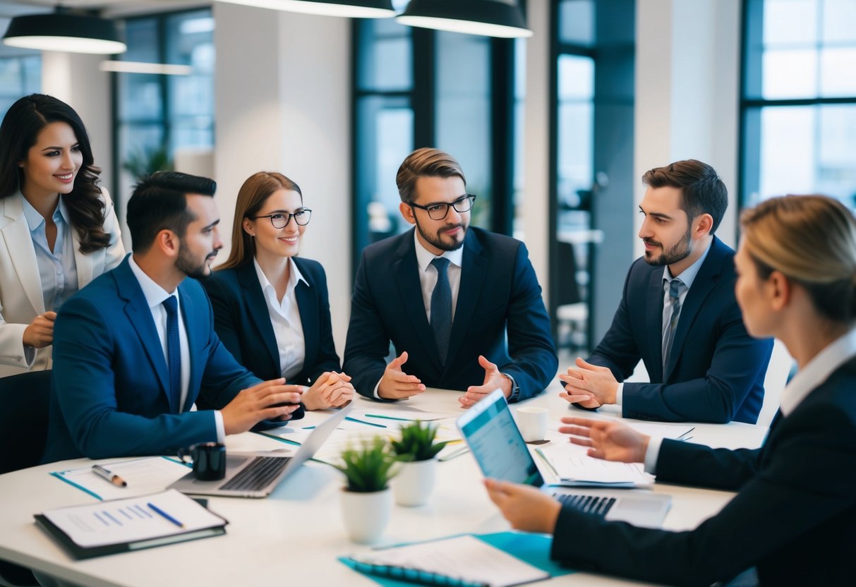 A bustling office with a team of specialists discussing project controls hiring strategies and collaborating with recruitment agencies