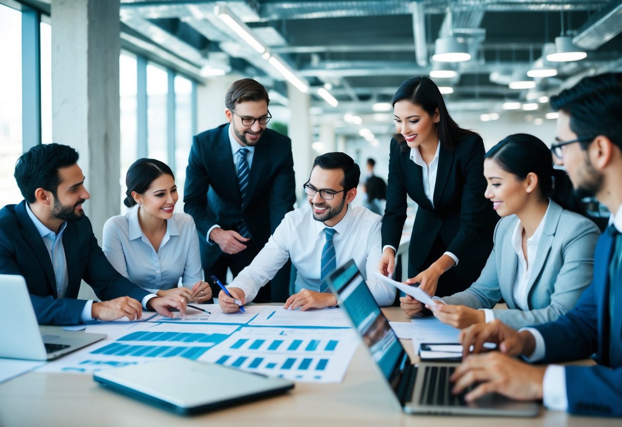 A bustling office scene with a team of professionals collaborating on project plans and timelines, utilizing advanced technology and tools to ensure quality and performance