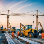 A construction site with workers operating heavy machinery and cranes, while others are inspecting and measuring the progress of the infrastructure project