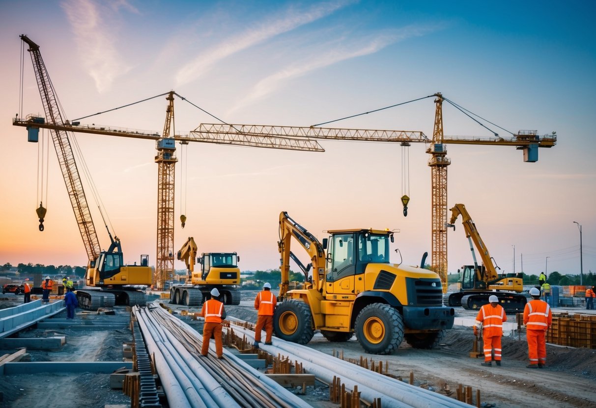 A construction site with workers operating heavy machinery and cranes, while others are inspecting and measuring the progress of the infrastructure project