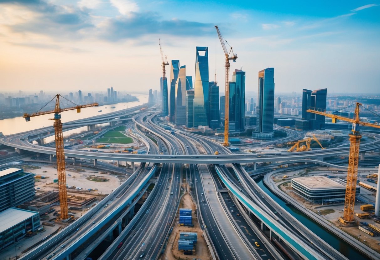 A bustling city with cranes and construction sites, new roads and bridges being built, and modern transportation systems being developed