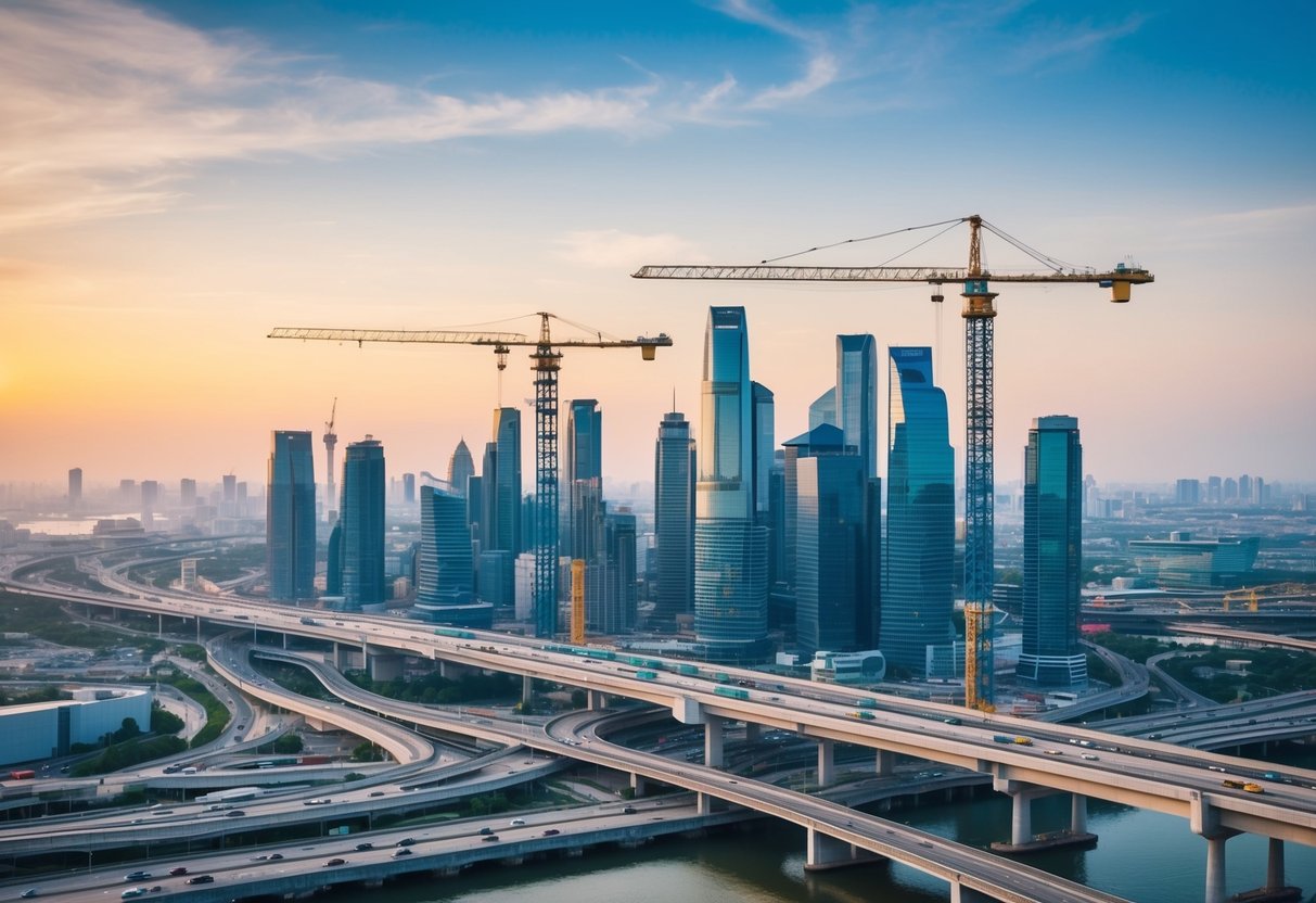 A bustling city skyline with construction cranes towering over new roads, bridges, and public transportation systems