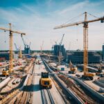 A bustling construction site with cranes, bulldozers, and workers building roads, bridges, and buildings for the planned UK infrastructure spending in 2025