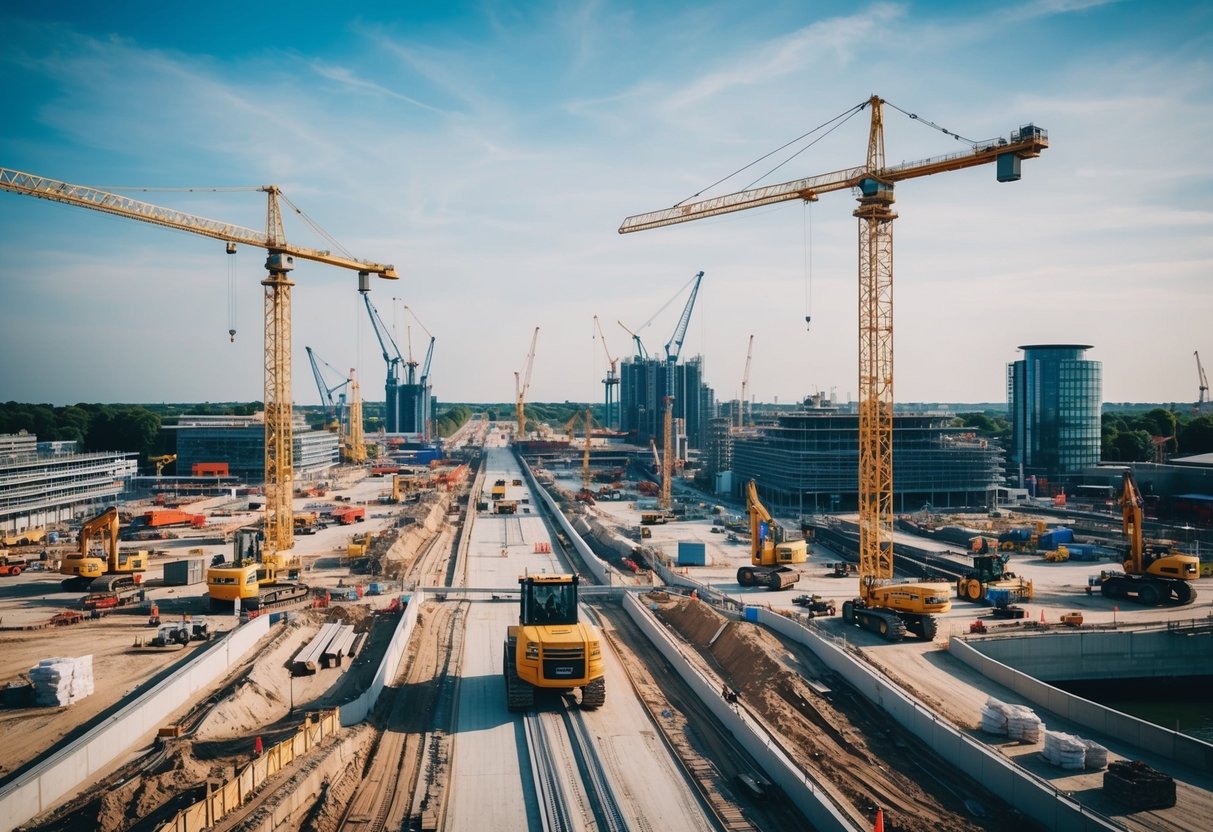A bustling construction site with cranes, bulldozers, and workers building roads, bridges, and buildings for the planned UK infrastructure spending in 2025