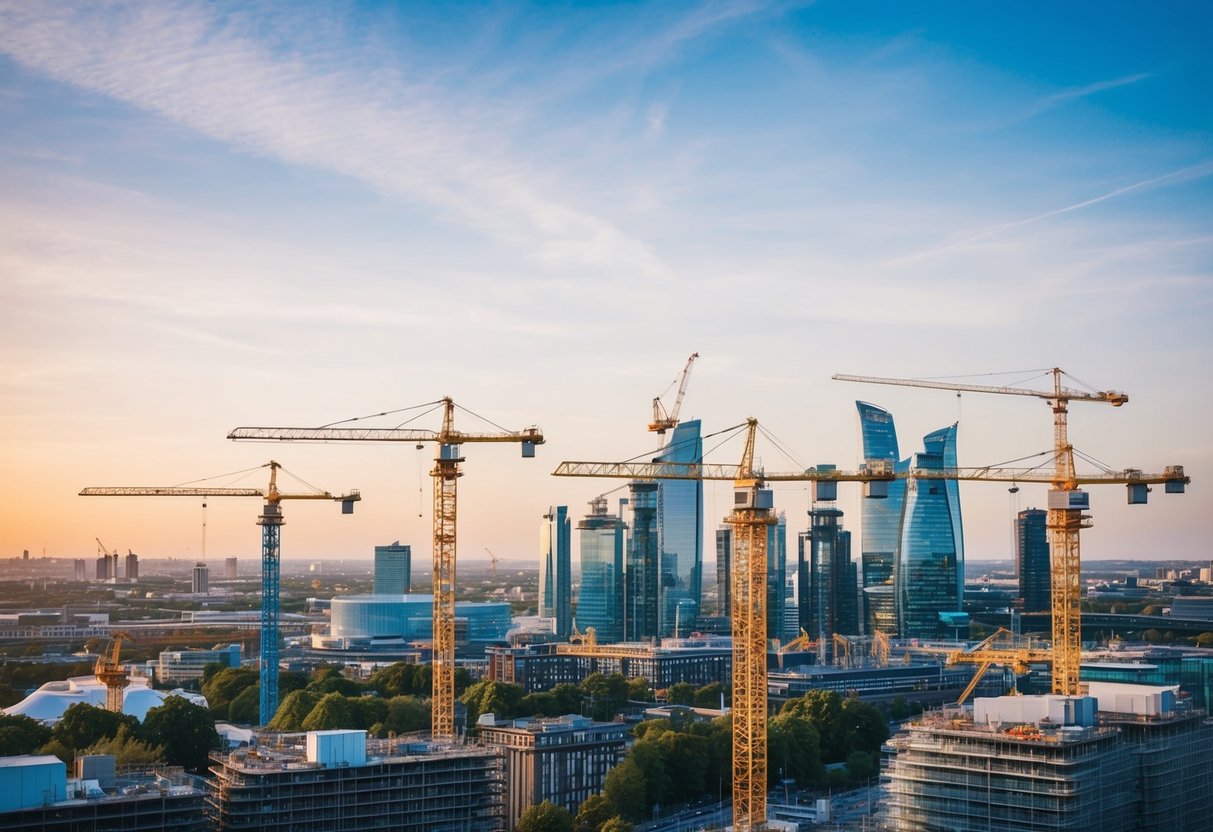 A city skyline with various construction sites, cranes, and infrastructure projects underway, showcasing the planned UK infrastructure spending for 2025