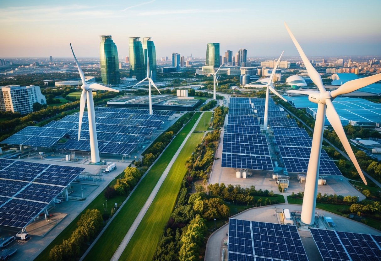 A bustling city with wind turbines and solar panels integrated into buildings and infrastructure. Green spaces and clean energy sources dominate the urban landscape