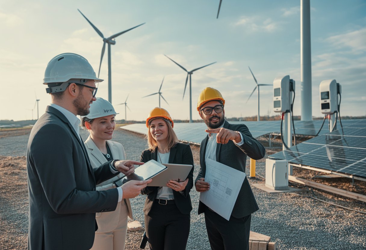 A group of project managers at a UK construction site with wind turbines and solar panels, discussing plans outdoors.