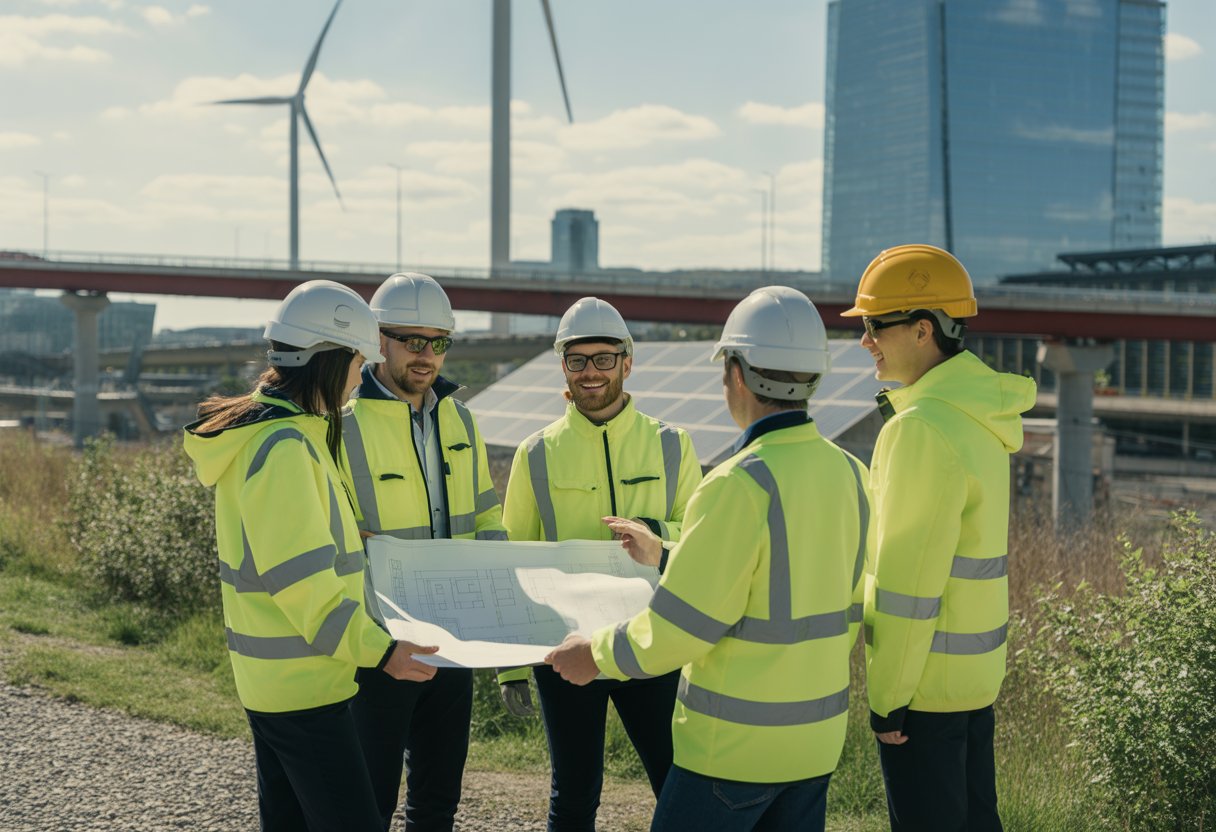 A group of project managers and engineers at a UK construction site with wind turbines and solar panels in the background.