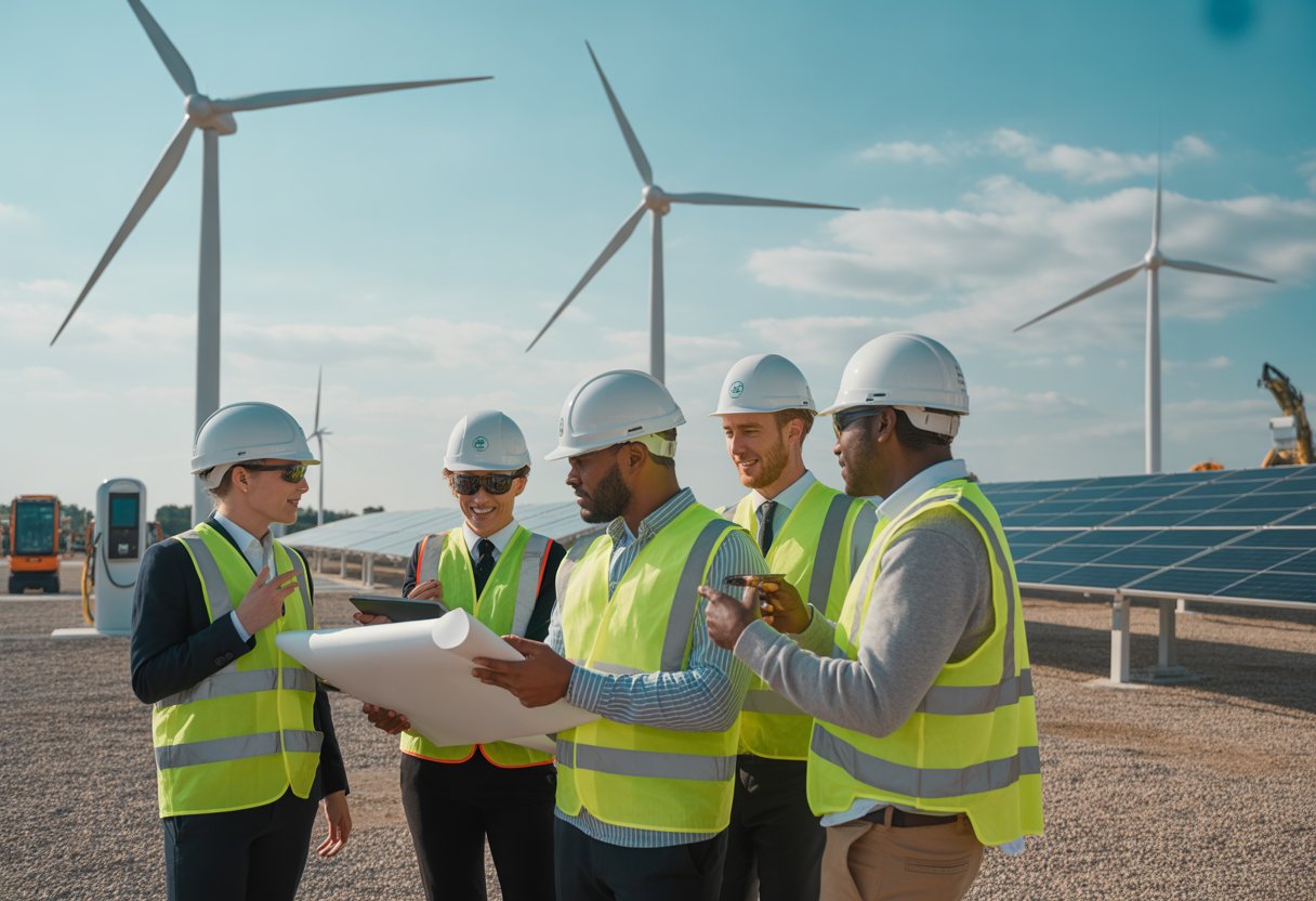 A group of project managers wearing helmets review plans at a renewable energy site with wind turbines and solar panels in the background.