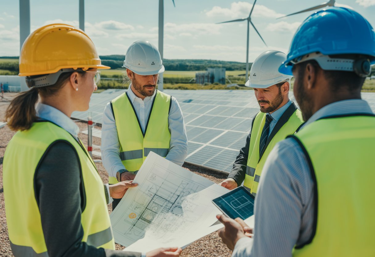 A group of project managers discussing plans at a construction site with wind turbines and solar panels in the background.