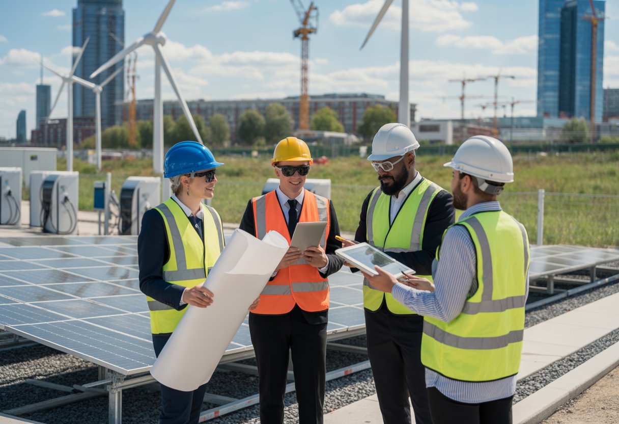 A group of project managers and engineers working together at a construction site with renewable energy installations and modern buildings in the background.