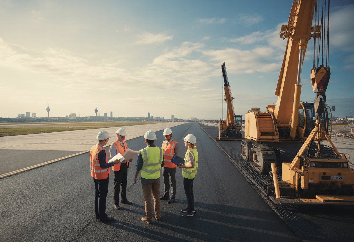A group of engineers and construction workers wearing safety gear reviewing plans at a site with airport runway and urban road construction in the background.