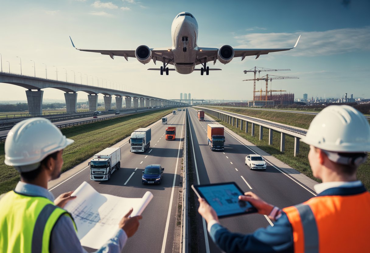 A group of infrastructure workers in safety gear discussing plans near a UK airport runway and a busy motorway with vehicles, with construction cranes and bridges in the background.