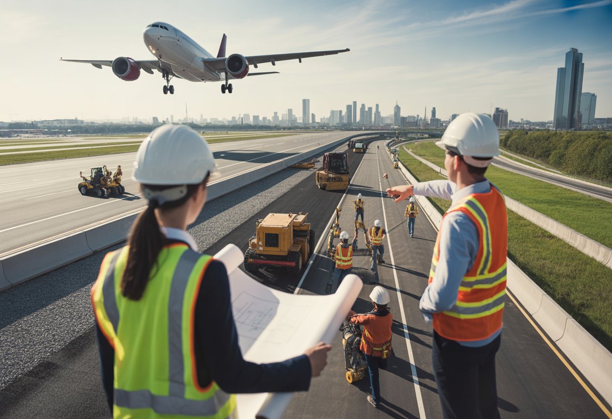 Engineers and construction workers collaborating on a runway and highway infrastructure project in the UK, with an airplane on the runway and roadwork in progress.