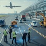Engineers and construction professionals working together at a modern infrastructure site with a runway and roadway in the background.