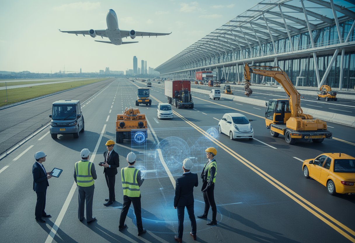 Engineers and construction professionals working together at a modern infrastructure site with a runway and roadway in the background.