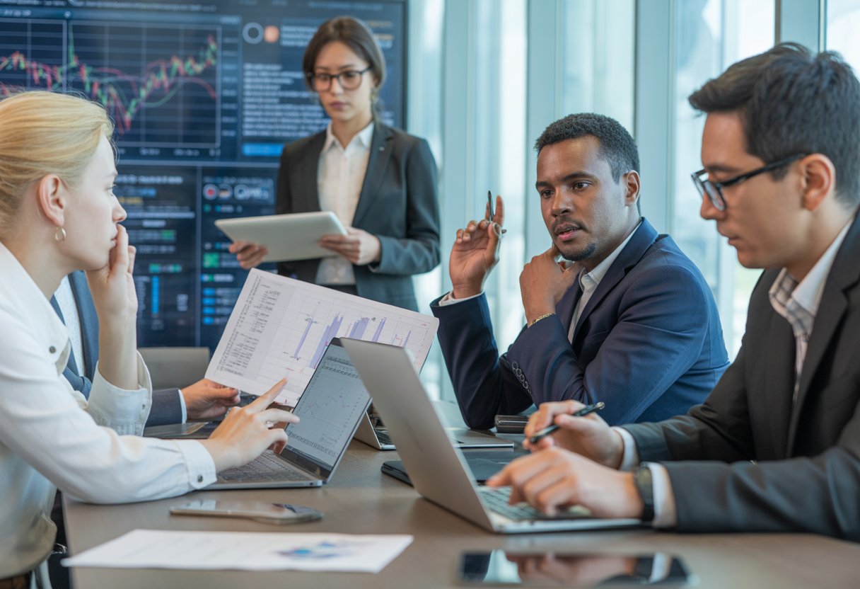 A group of professionals in a modern office collaborating around a table with laptops and charts, analysing project schedules and risk data.