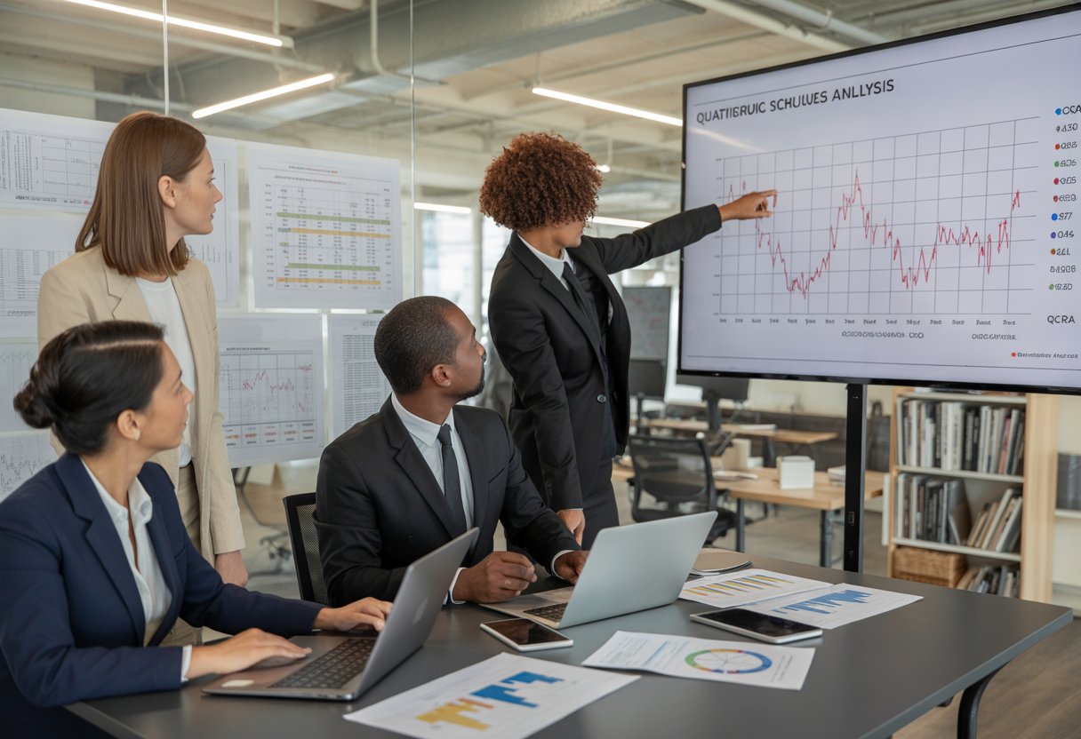 A group of professionals working together around a table with laptops and charts, discussing risk assessment graphs in a modern office.