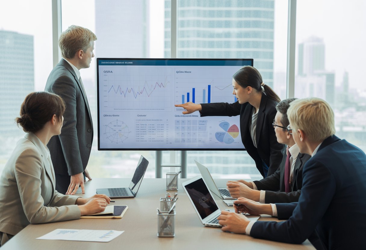 A group of professionals collaborating in a modern office, discussing charts and data on a large screen during a meeting, discussing QSRA and QCRA