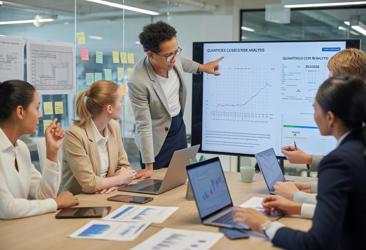 A group of professionals in a modern office collaborating around a table with laptops and documents, discussing risk assessment data displayed on a large screen.