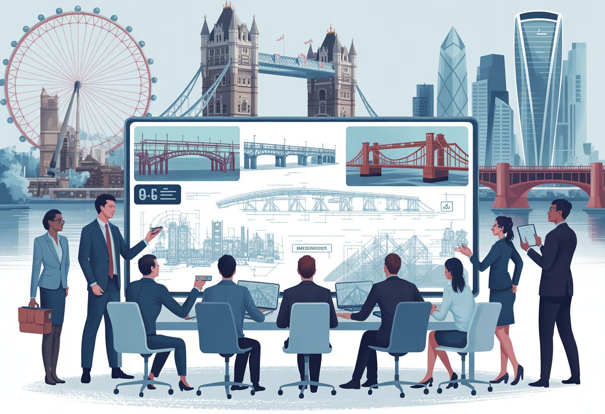 A group of professionals collaborating around a table with blueprints and digital screens showing UK infrastructure projects like bridges and railways, with London landmarks in the background.