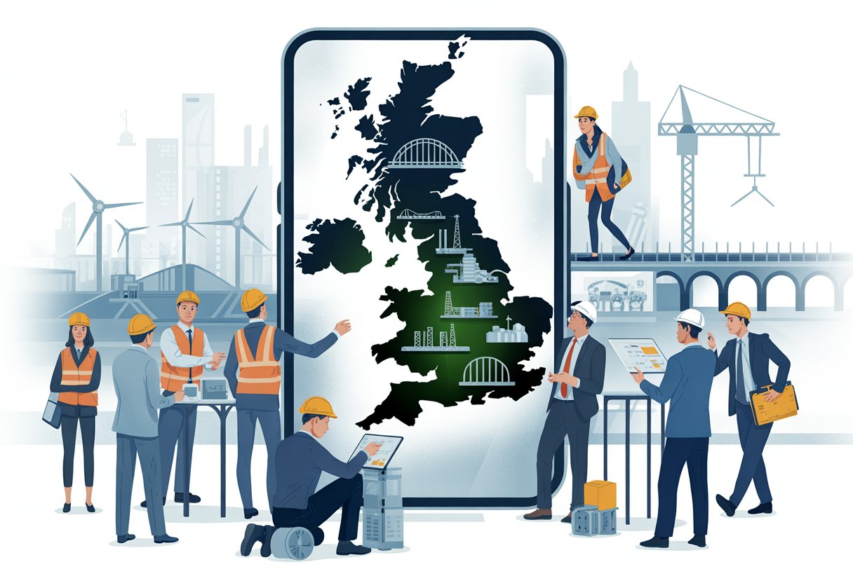 A group of professionals from different infrastructure sectors working together around a digital map of the UK showing infrastructure projects like bridges, railways, and power plants.