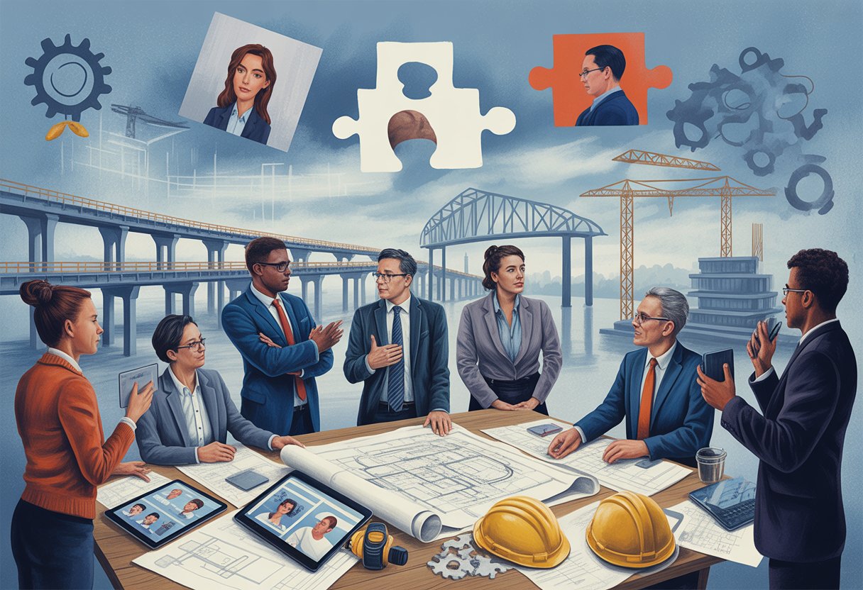 A group of professionals discussing infrastructure project plans around a table with blueprints and helmets, with UK infrastructure elements like bridges and cranes in the background.