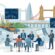 A group of recruiters and candidates discussing infrastructure projects around a table with blueprints and digital devices, set against a backdrop of UK landmarks and construction sites.
