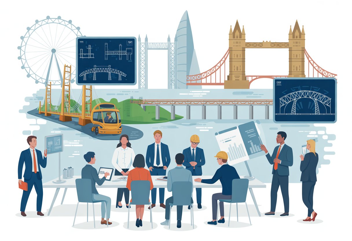 A group of recruiters and candidates discussing infrastructure projects around a table with blueprints and digital devices, set against a backdrop of UK landmarks and construction sites.