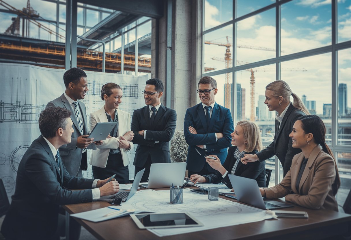 A group of infrastructure leaders and managers in a modern office collaborating around a table with laptops and documents, with city infrastructure visible through large windows.