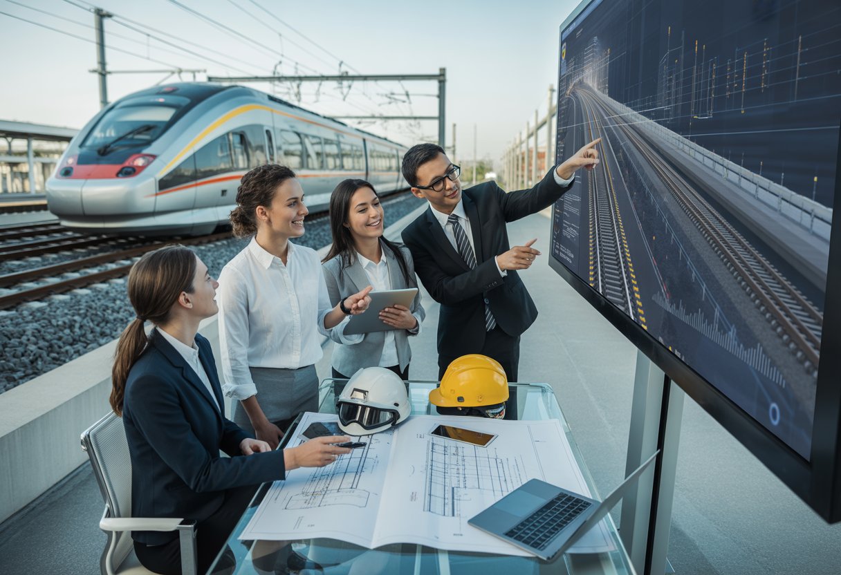 A group of young professionals in business and engineering clothes discussing railway plans around a digital display with a high-speed train on tracks in the background.